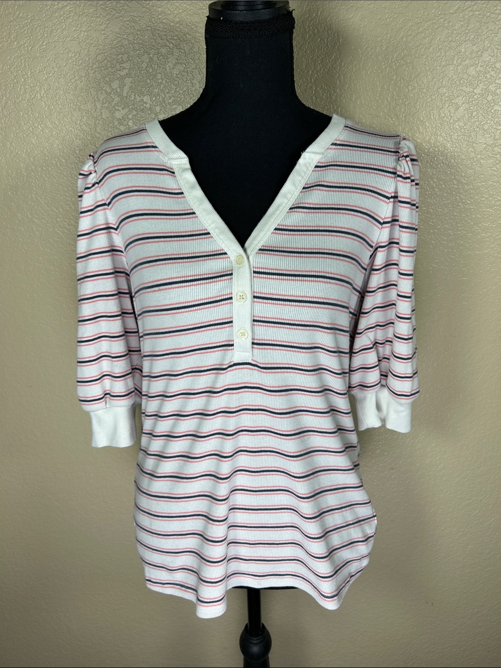 GAP Pink, Navy & White Striped Henley Short Sleeve Top Size Large